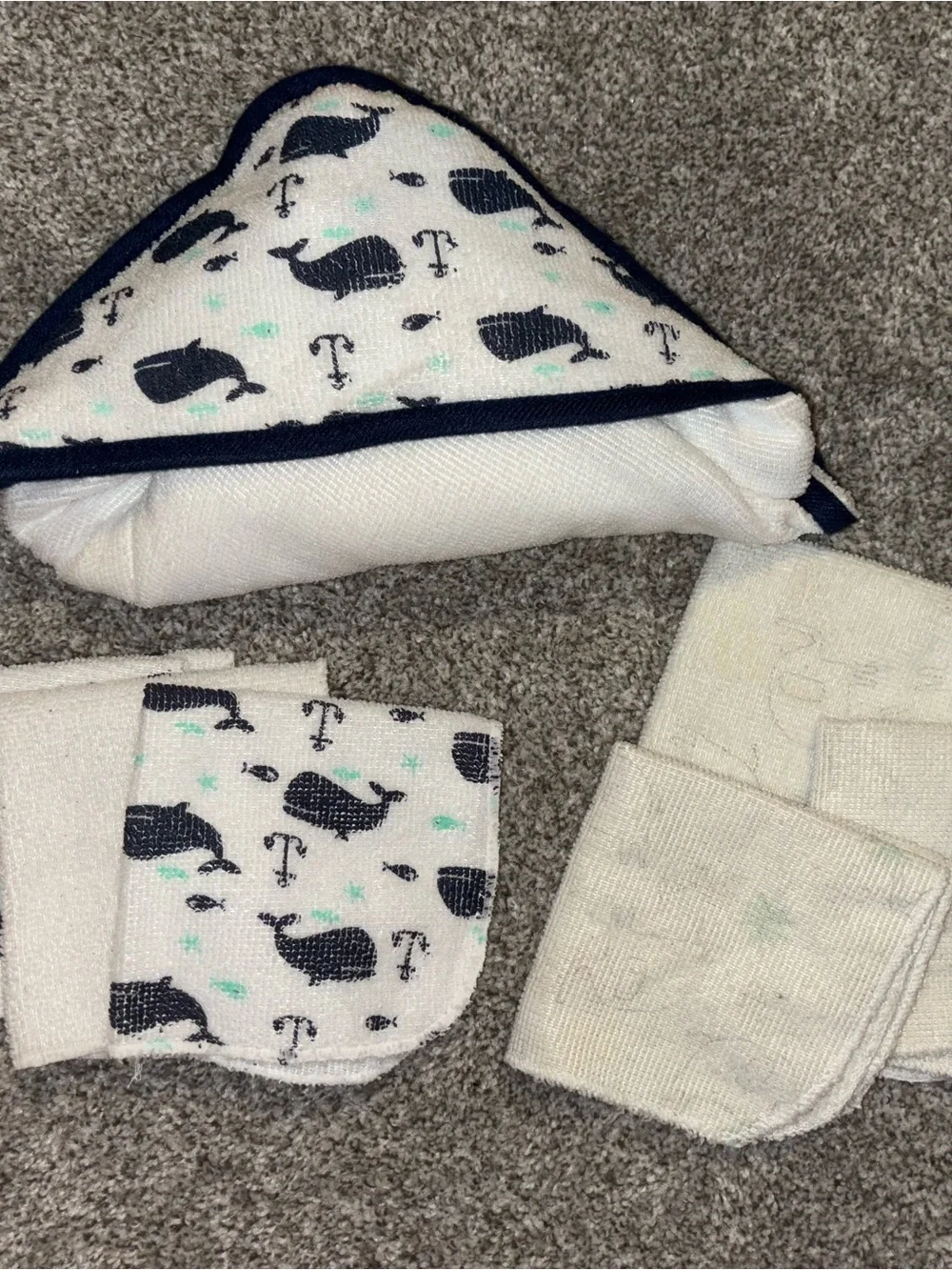 Whale Print Navy Trim Hooded Baby Towel and Washcloth Set